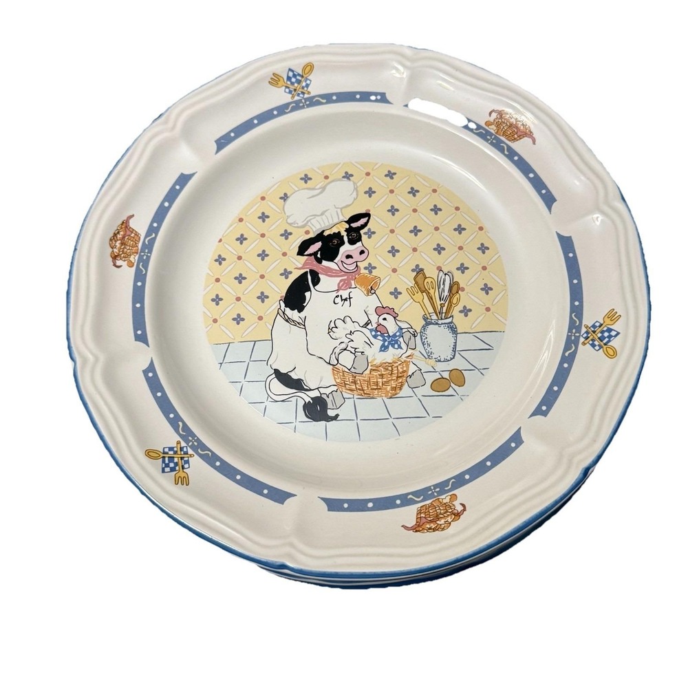 Vintage Newcor Kitchen Kow Salad Plates Set 4 Farm Cow Chicken 8" Stoneware